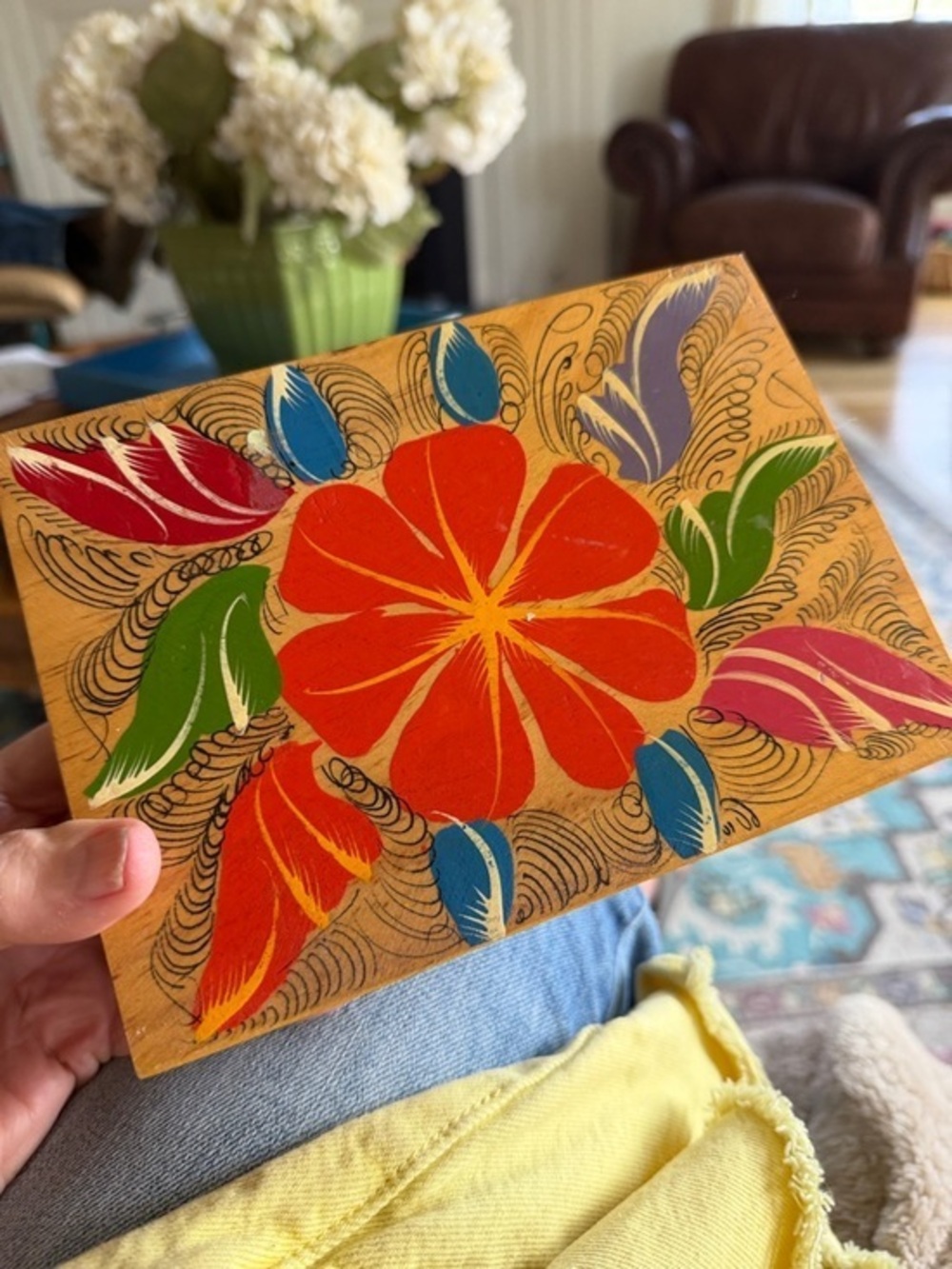 Vintage Vibrant/Hand Painted Floral Wooden Trinket/Jewelry Box- Bright Colors